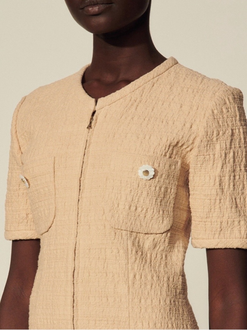 Sandro Paris Nadege Tweed Mini Dress Beige Short Sleeve Zip Front Size 36 - Picture 2 of 9